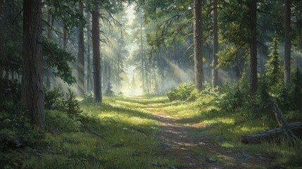 Obraz premium Sunbeams illuminate a tranquil forest path.