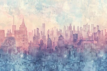 Dreamy urban skyline at sunrise