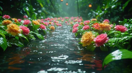 Enchanted Floral Forest Comes Alive: Wide Photographic Background with White Floor, Garland of Yellow Orange Beige Roses, Hanging Lanterns, Misty Fairy Atmosphere