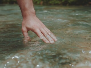 Close-up of a hand gently touching clear flowing water in a natural outdoor setting
