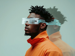 Conceptual art with a man in motion wearing VR glasses, creating a futuristic digital double...