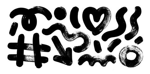 Thick brush drawn squiggles, heart, arrow and grid. Bold geometric shapes in grunge doodle and punk style for banner, print or collage. Funky naive doodle shapes and figures. Vector elements.