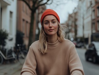 Young woman with a red beanie posing confidently in an urban street setting with modern architecture

