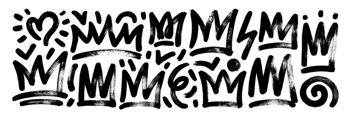 Collection of brush drawn crowns, heart and squiggles. Hand drawn abstract geometric forms, funky crowns. Punk style figures. Vector graffiti and grunge doodle collage elements with rough texture.