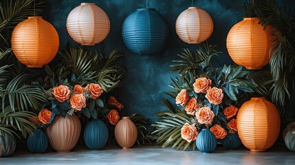 Enchanted Floral Forest Comes Alive: Wide Photographic Background with White Floor, Garland of Yellow Orange Beige Roses, Hanging Lanterns, Misty Fairy Atmosphere