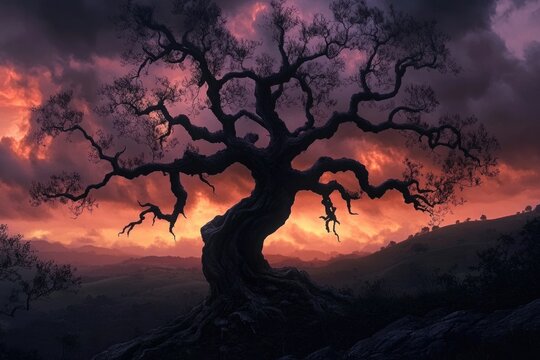 Ancient gnarled tree silhouetted against a fiery sunset over rolling hills. - Powered by Adobe
