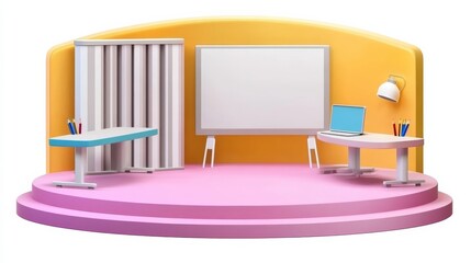 A colorful, modern classroom setup featuring desks, a computer, and a presentation board on a circular stage.
