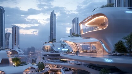 Futuristic urban landscape with sleek skyscrapers and curved architecture designs