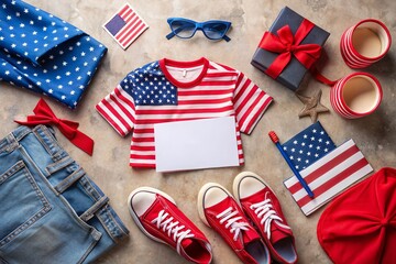 Fototapeta premium Patriotic Memorial Day Apparel Flat Lay: Blank Greeting Card & Red, White, & Blue Fashion Items