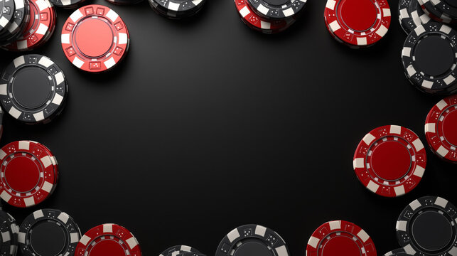 Red and black casino chips framing a black background in a symmetrical layout