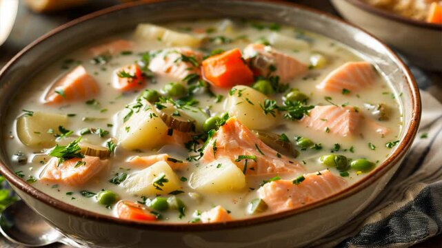 Hearty creamy salmon soup with vegetables, including carrots, potatoes, and peas, garnished with fresh herbs for comforting meal full of flavor.