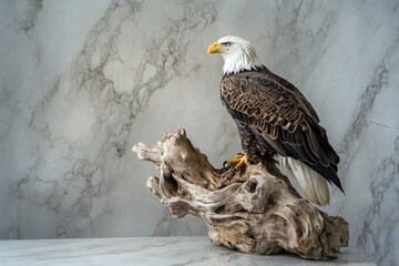 Majestic bald eagle perched on weathered driftwood against a marble backdrop.