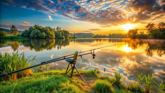 Peaceful Fishing Lake Scene: Rods on Rod Pod at Sunrise