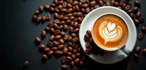 Fototapete Kaffee Bar Top view of cup of espresso with latte art. Roasted coffee beans scattered around cup on dark surface. Aromatic, fresh coffee drink served in white cup, saucer. Morning refreshment. Stylish, vintage.  © Pete