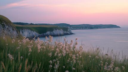 A peaceful coastal meadow overlooking a calm sea with tall grasses swaying in the breeze under a soft pink sunset.