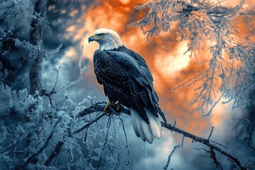 Fototapeta premium Majestic bald eagle perched on a frost-covered branch against a dramatic, fiery sunset sky.