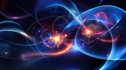 Quantum innovation represented by the interaction of light waves and quantum computing elements in a dark, futuristic environment