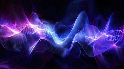 Quantum innovation represented by the interaction of light waves and quantum computing elements in a dark, futuristic environment