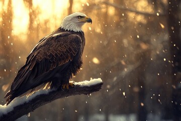 Fototapeta premium Majestic bald eagle perched on a snow-covered branch in a winter forest bathed in golden sunlight.