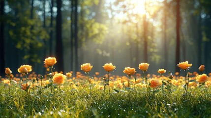 Enchanted Floral Forest Comes Alive: Wide Photographic Background with White Floor, Garland of Yellow Orange Beige Roses, Hanging Lanterns, Misty Fairy Atmosphere