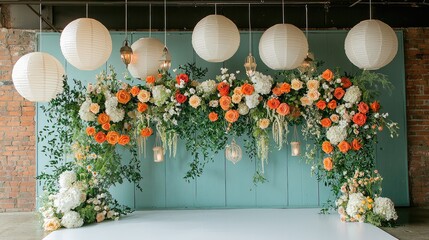Enchanted Floral Forest Comes Alive: Wide Photographic Background with White Floor, Garland of Yellow Orange Beige Roses, Hanging Lanterns, Misty Fairy Atmosphere