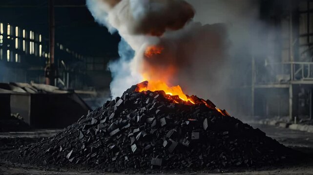 Large pile of coal burning intensely, producing flames and smoke in industrial environment