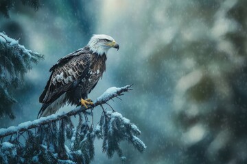 Majestic bald eagle perched on a snow-covered branch in a winter wonderland.