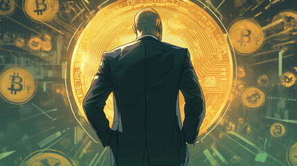 Business professional contemplating cryptocurrency trends in a digital environment with Bitcoin symbols floating