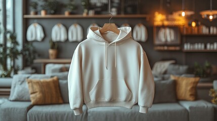 Fototapeta premium Cozy white hoodie displayed in a modern living room with stylish decor and soft lighting