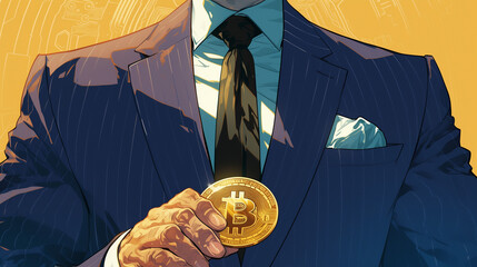 Businessman holding a Bitcoin symbol in a modern digital context under a bright yellow background
