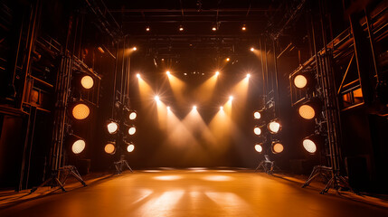 Dramatic stage lighting with spotlights and warm tones
