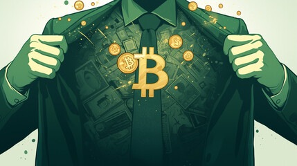 Person revealing Bitcoin symbol with cash in the background during a financial discussion in a modern setting