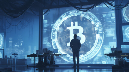 Mysterious figure stands before a large bitcoin symbol in a high-tech, dimly lit environment at night