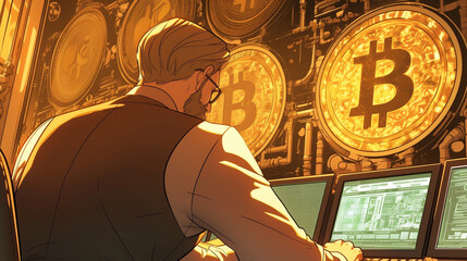 Man works at computer amid bitcoins in a secure environment focusing on cryptocurrency trends and analysis