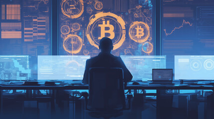 Engaged in cryptocurrency analysis in a modern financial office environment with data visualizations