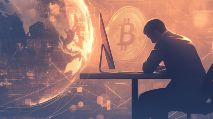 An individual analyzes cryptocurrency trends while working at a computer in a futuristic environment featuring global graphics