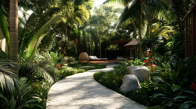 Scenic Pathway through a Lush Tropical Garden / 豊かなトロピカルガーデンを抜ける絶景の小道