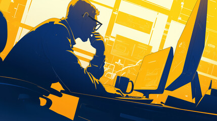 Creative individual working late at night in an office with bright colors and a modern setup