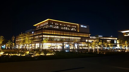 Naklejka premium Modern building illuminated at night with warm lights