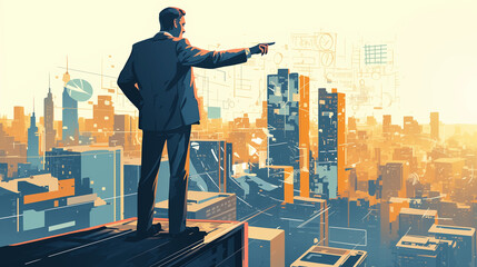 Businessman strategizing future plans while overlooking a bustling city skyline at sunset