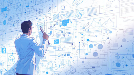 Scientist analyzing complex data on a digital interface in a modern laboratory setting