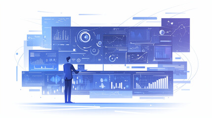 Business professional analyzing data on a large digital dashboard in a modern office environment