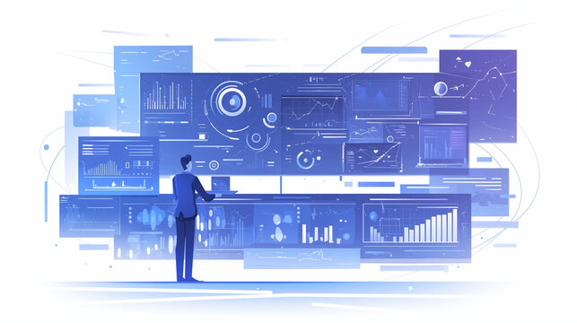Business professional analyzing data on a large digital dashboard in a modern office environment
