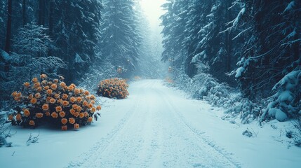 Enchanted Floral Forest Comes Alive: Wide Photographic Background with White Floor, Garland of Yellow Orange Beige Roses, Hanging Lanterns, Misty Fairy Atmosphere