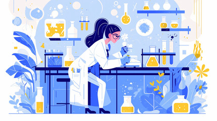 Scientist conducting experiments in a laboratory filled with glassware and plants during daylight hours