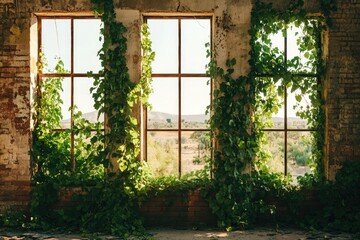 Overgrown ivy frames rustic windows of an abandoned brick building, showcasing a serene landscape.