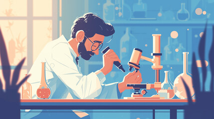 Scientist conducts research with a microscope in a laboratory filled with glassware and experiments