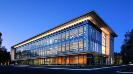 Obraz premium Modern glass office building at dusk. (2)