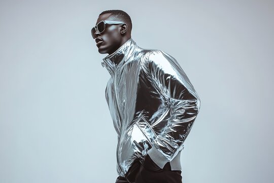vibrant studio shot of man wearing futuristic silver bomber jacket with exaggerated shoulders and slim black pants