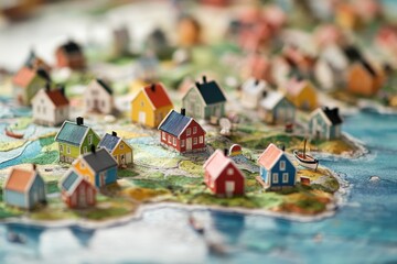 Fototapeta premium Miniature Houses on a Map of Sweden and Norway